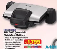 ENGLİSH HOME TMK 5010 ÇIKARILABİLİR PLAKALI TOST MAKİNESİ ENGLİSH HOME TMK 5010 ÇIKARILABİLİR PLAKALI TOST MAKİNESİ